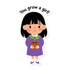 Cute cartoon girl holding a plant isolated on white background, a cheerful and comic illustration of childhood growth and gardening, perfect for spring themes and greeting messages