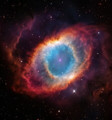 This image is an artistic and colorful depiction of the Helix Nebula, also known as the "Eye of God." The nebula is a planetary nebula, formed by the outer layers of a dying, sun-like star.