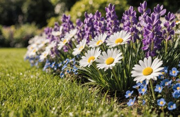 Fototapeta premium Colorful spring flowers blooming in a garden with daisies, crocuses, and forget-me-nots creating a vibrant floral display