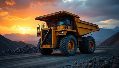 Massive yellow mining dump truck operates in quarry at sunset. Powerful heavy-duty vehicle transports earth, rocks against backdrop of mountains, dramatic sky. Scene captures intensity of industrial