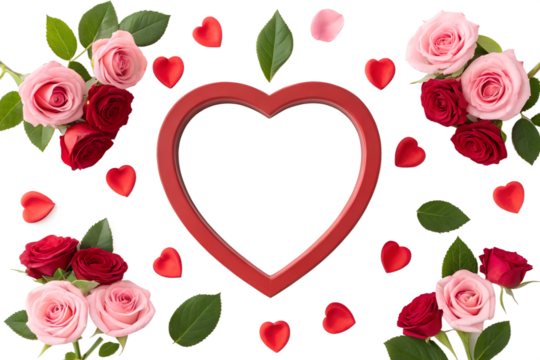 Romantic heart-shaped frame with beautiful fresh red and pink roses, green leaves, and petals isolated on a clean white background