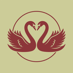 elegant pair of swans with spread wings forming heart inside circular frame, romantic emblem, minimalist vector logo