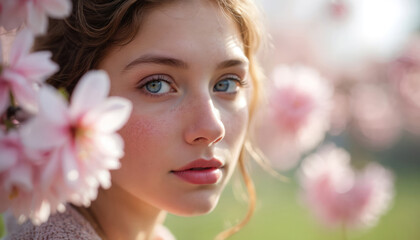 Fototapeta premium Young caucasian female with blue eyes, freckles admires pink cherry blossoms in close-up portrait. Sunlight filters through, creating soft, serene atmosphere. Delicate floral details evoke spring