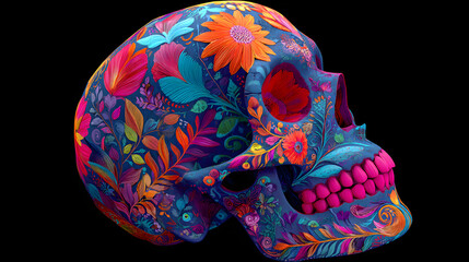 llustrated skull with floral patterns and vibrant neon colors, inspired by Day of the Dead artwork, decorative style