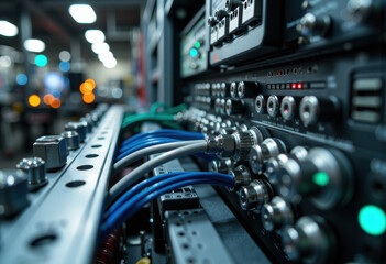 Server racks with network cables and electronic equipment in a data center