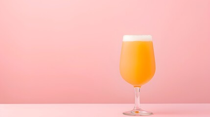 Tall glass of orange juice with foam on a pink background