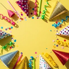 Fototapeta premium Festive party hats and colorful confetti forming a bright border on a yellow background. Celebration background with copy space.