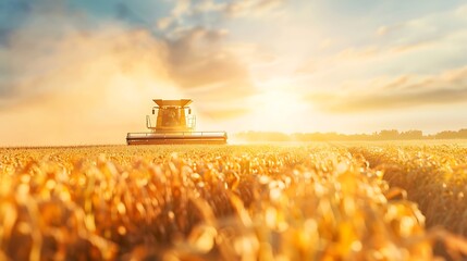 Golden wheat field harvested by combine harvester at sunset
