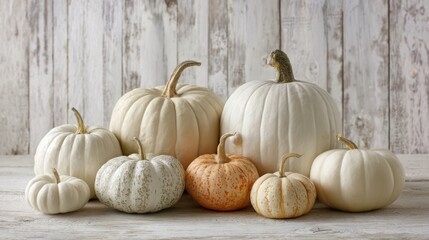 A charming arrangement of assorted white and orange pumpkins displayed against a rustic wooden background