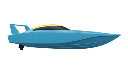 Fototapeta premium Sleek blue speed boat with yellow accent glides effortlessly through water, perfect for luxury travel.
