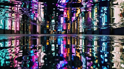 Colorful neon reflections on wet pavement in urban alleyway  