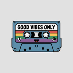Retro cassette tape with good vibes only message, featuring a cute cartoon face and rainbow stripes, isolated on white background, a fun and positive illustration for music lovers
