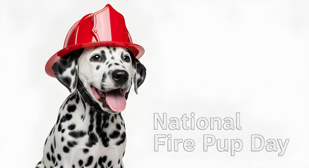A dalmatian pup wearing a firefighter's helmet is the perfect embodiment of courage and bravery. The dog is sitting, tongue out and grinning happily in front of a sign of the National Fire Pup Day