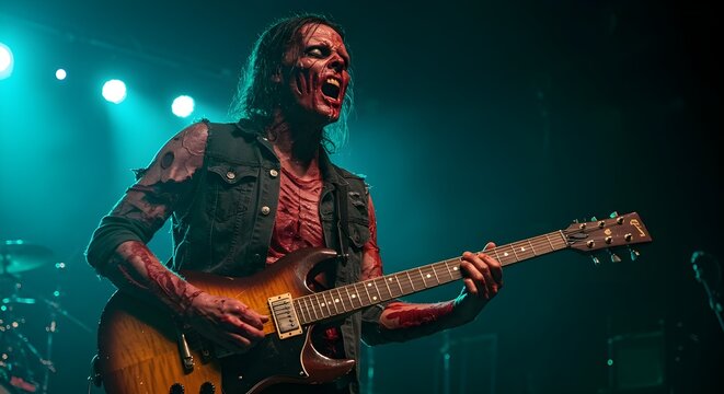 A zombie playing guitar like a rock star on stage, captured in the style of a live concert photo.