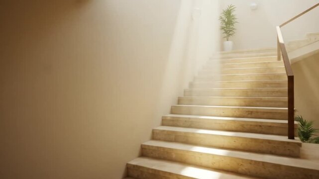 Interior view of a staircase with sunlight and plants in a modern architectural setting design space