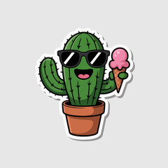 Cute cartoon cactus with ice cream and sunglasses isolated on white background, illustration of a happy cactus enjoying summer, a cool cactus with a sweet treat, vector design