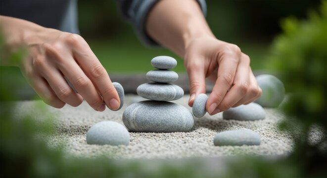 Woman hands stack grey stones for balance and tranquility. Zen garden with rock cairn, a concept of peace, harmony, and mindfulness. - Powered by Adobe