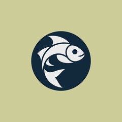stylized fish logo inside circular design with flowing wave elements, modern seafood and fishing brand vector emblem