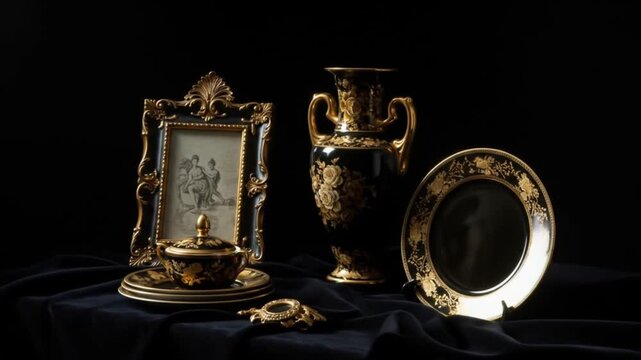 Still life of antique items including a picture frame vase plates and a small covered dish on fabric