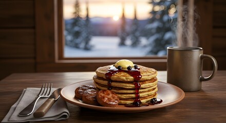An energetic young man with a backpack on a vibrant city street is taking a selfie with his smartphone