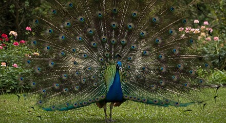 Obraz premium Majestic Peacock Displaying Vibrant Plumage in a Lush Garden Setting