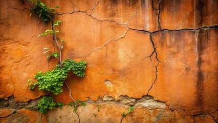 Naklejka premium Earthy Terracotta Wall with Cracks and Moss , moss growth, matte finish