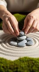 Woman stacking grey stones on a zen sand garden with raked circles. Concept for meditation, balance, and harmony. Spa background.
