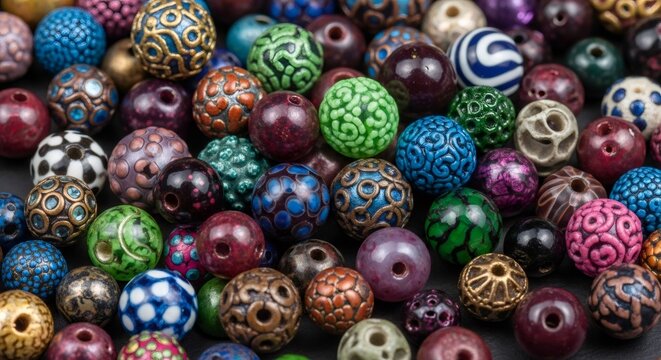 Close up view of many colorful beads for jewelry making and craft projects. Creative hobby supplies for design. - Powered by Adobe