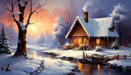 Winter cabin scene with snow-covered stream