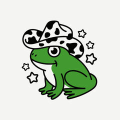 A cute and funny cartoon frog character wearing a cowboy hat with stars around it, isolated on white background this cheerful illustration is perfect for stickers and designs