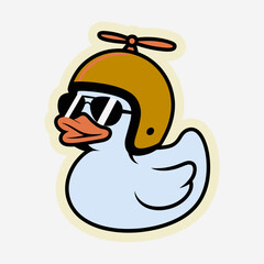 Cartoon duck with aviator helmet and sunglasses isolated on white background, a funny and cute character for humor, design, and various creative projects