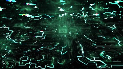 Abstract digital circuit board design with green glowing patterns   - Powered by Adobe