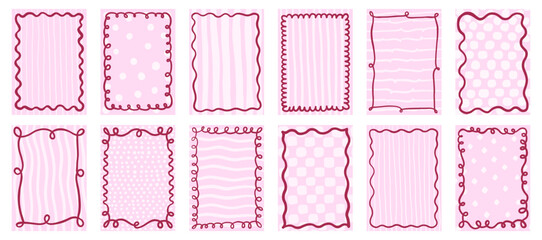 Cute curvy doodle vector frames and borders on pink background with polka dots and stripes patterns, Rectangle shapes with wavy squiggly lines in coquette style