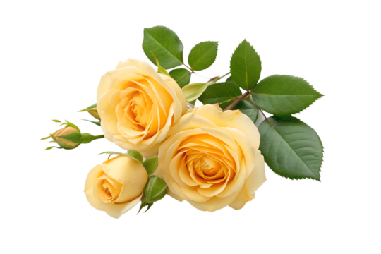 A stunning bouquet of delicate yellow roses with lush green leaves and budding flowers, captured beautifully against a stark black backdrop.