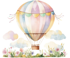 Obraz premium Watercolor illustration of a hot air balloon floating in a bright summer sky, depicted as clipart with an isolated background, capturing a light, airy, and whimsical atmosphere.