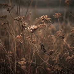 Dried Field Flowers: A close-up view of weathered wildflowers gently swaying in the wind, bathed in soft, natural light, creating a serene and timeless atmosphere.