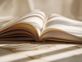 Fototapeta premium Open book on light marble surface with golden sunlight and soft cream background