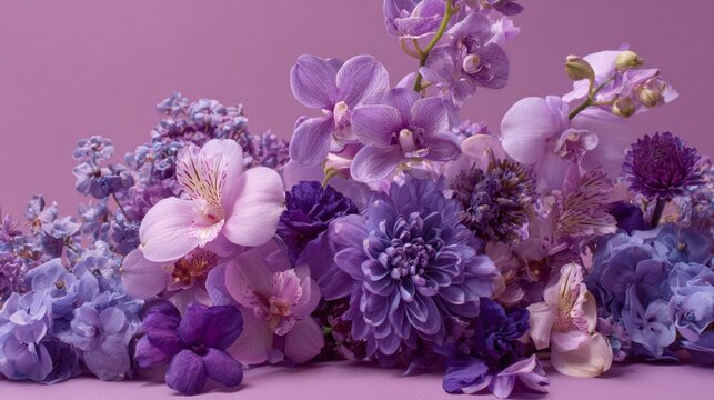 Enchanting lavender and purple floral composition showcasing delicate orchids, dahlias, and hydrangeas in a soft monochromatic arrangement against a muted background