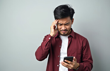 Stressed young Asian man frowns while holding smartphone. He touches his forehead showing frustration and worry from mobile phone use. Unhappy emotion displayed on gray background with copy space.