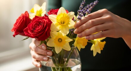 Woman arranging a bouquet of colorful red roses, yellow daffodils, and purple lavender in a glass vase, spring flower gift.