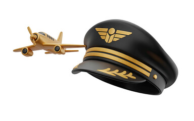 Fototapeta premium Golden airplane soars past elegant pilot cap symbolizing travel, aviation, and adventure.