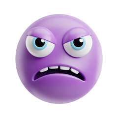 Fototapeta premium Frustrated purple emoji with wide eyes and grimace expresses annoyance and disbelief