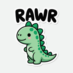 Cute dinosaur cartoon illustration with rawr text isolated on white background funny animal character design for sticker, print, or decoration
