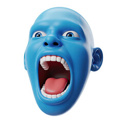 Naklejka premium Manic blue face screams in shock, eyes wide, mouth open in terror, conveying extreme fear and surprise.