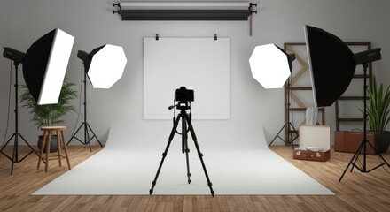 A photography studio setup with lights camera backdrop and props on a wooden floor surface area
