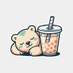 Cute bear sleeping with bubble tea cartoon illustration isolated on white background funny animal character design for sticker, print, or decoration