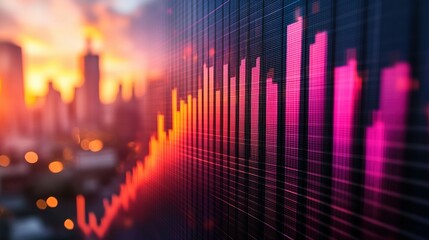 Stock market chart displayed over a blurred cityscape at sunset or sunrise.