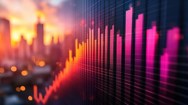 Stock market chart displayed over a blurred cityscape at sunset or sunrise.