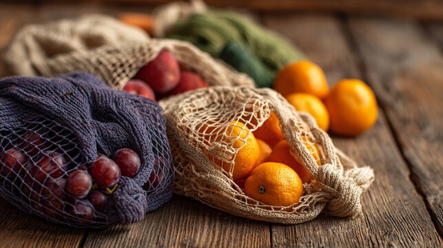 Fresh, vibrant fruits displayed in eco-friendly mesh bags on a rustic wooden surface. Perfect for promoting healthy eating and sustainability in food photography.