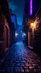 Fototapeta premium Nighttime alleyway, stone streets